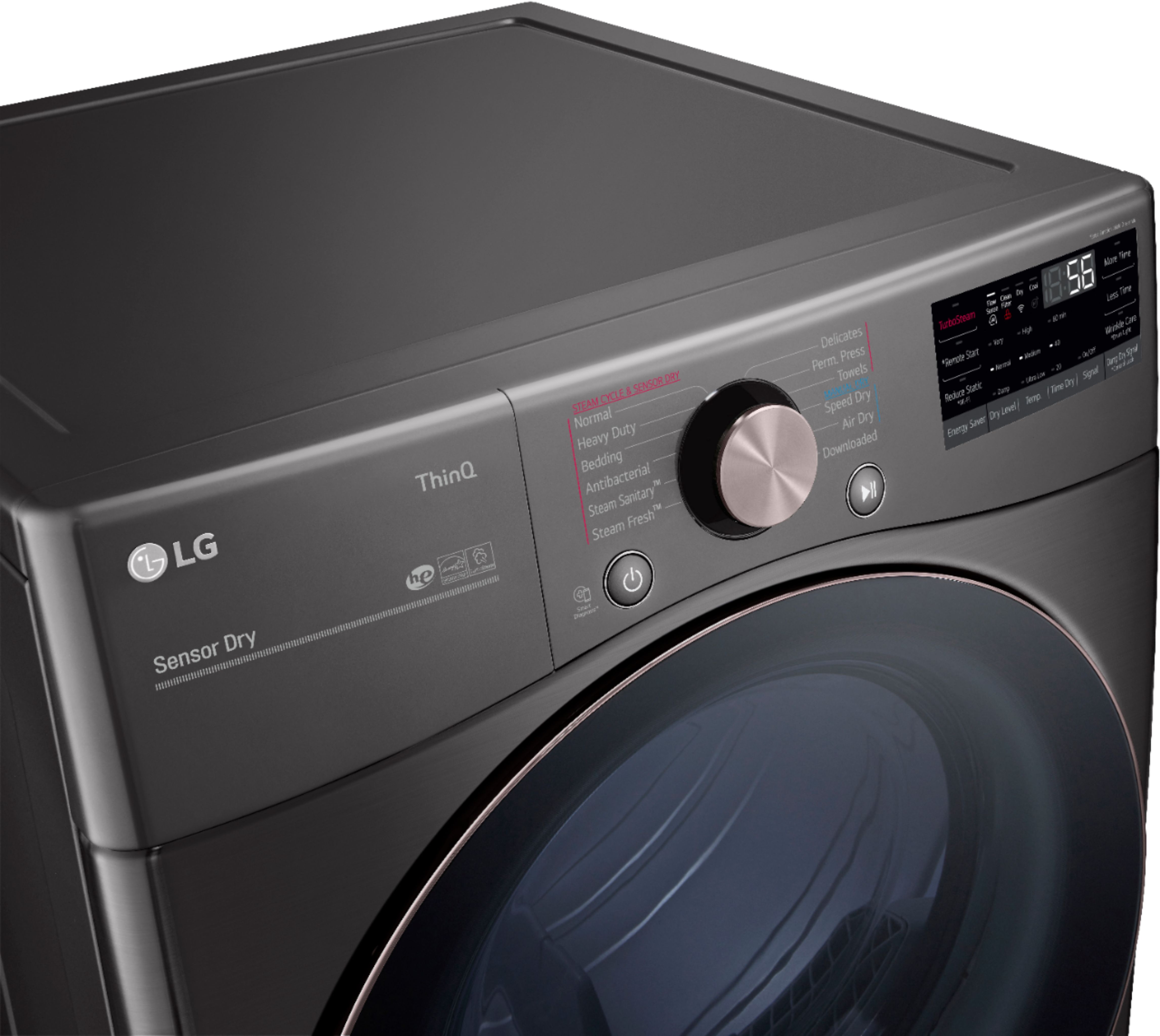 Left View: LG - 7.4 Cu. Ft. Stackable Smart Electric Dryer with Steam and Built-In Intelligence - Black steel
