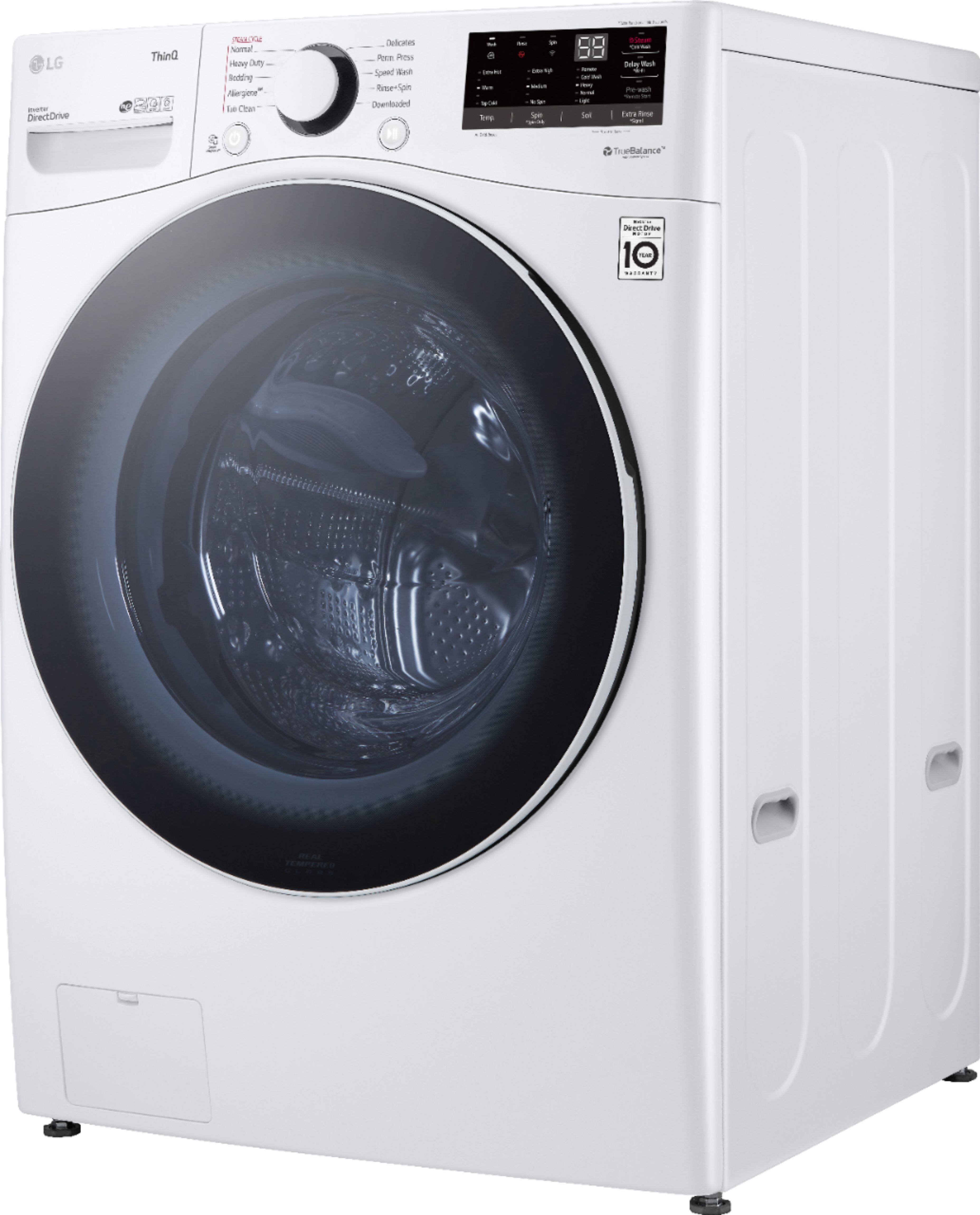 Left. LG - 4.5 Cu. Ft. High-Efficiency Stackable Smart Front Load Washer with Steam and 6Motion Technology - White.
