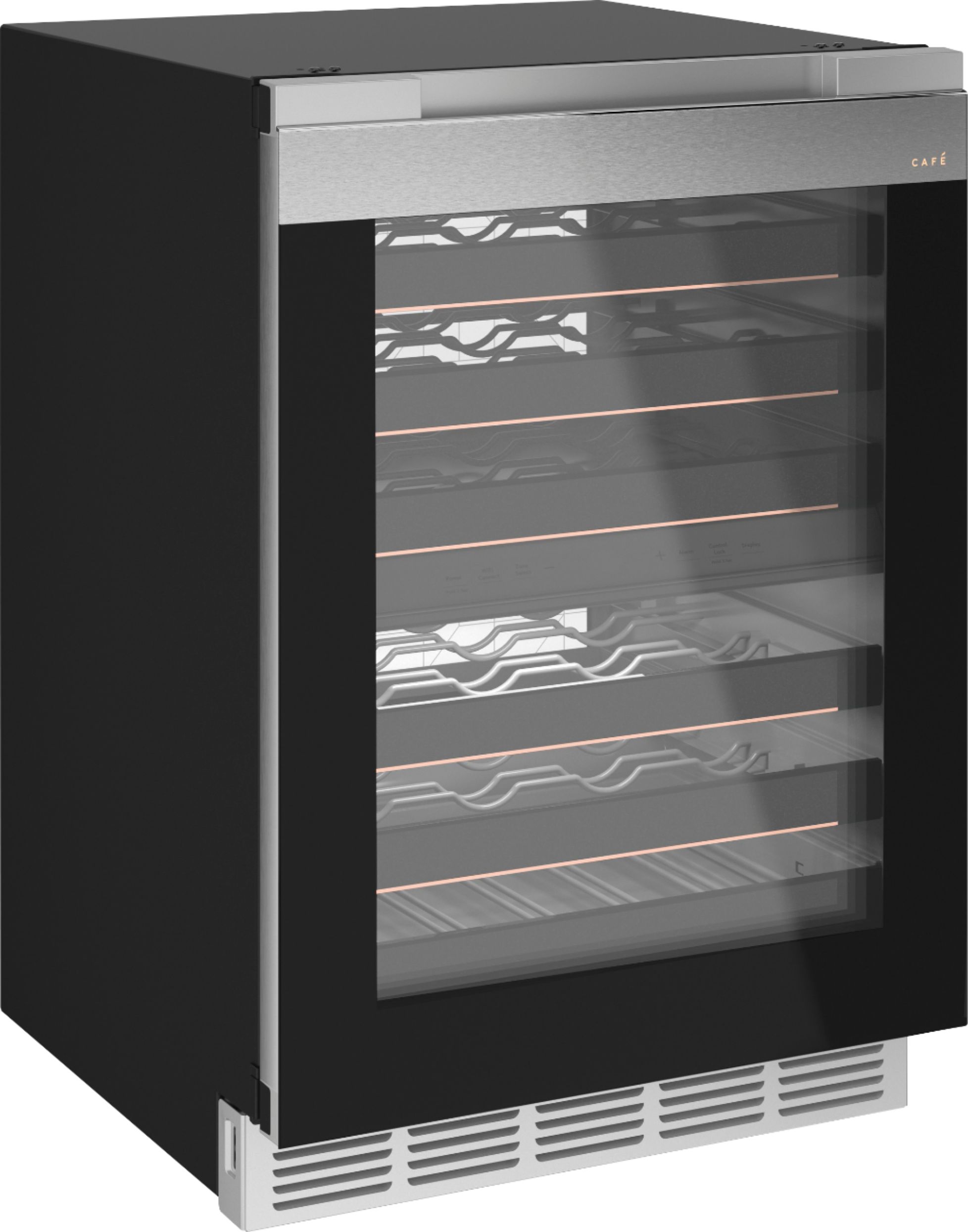 Left View: Café - Modern Glass 46-Bottle Built-In Dual Zone Wine Center with WiFi - Platinum glass