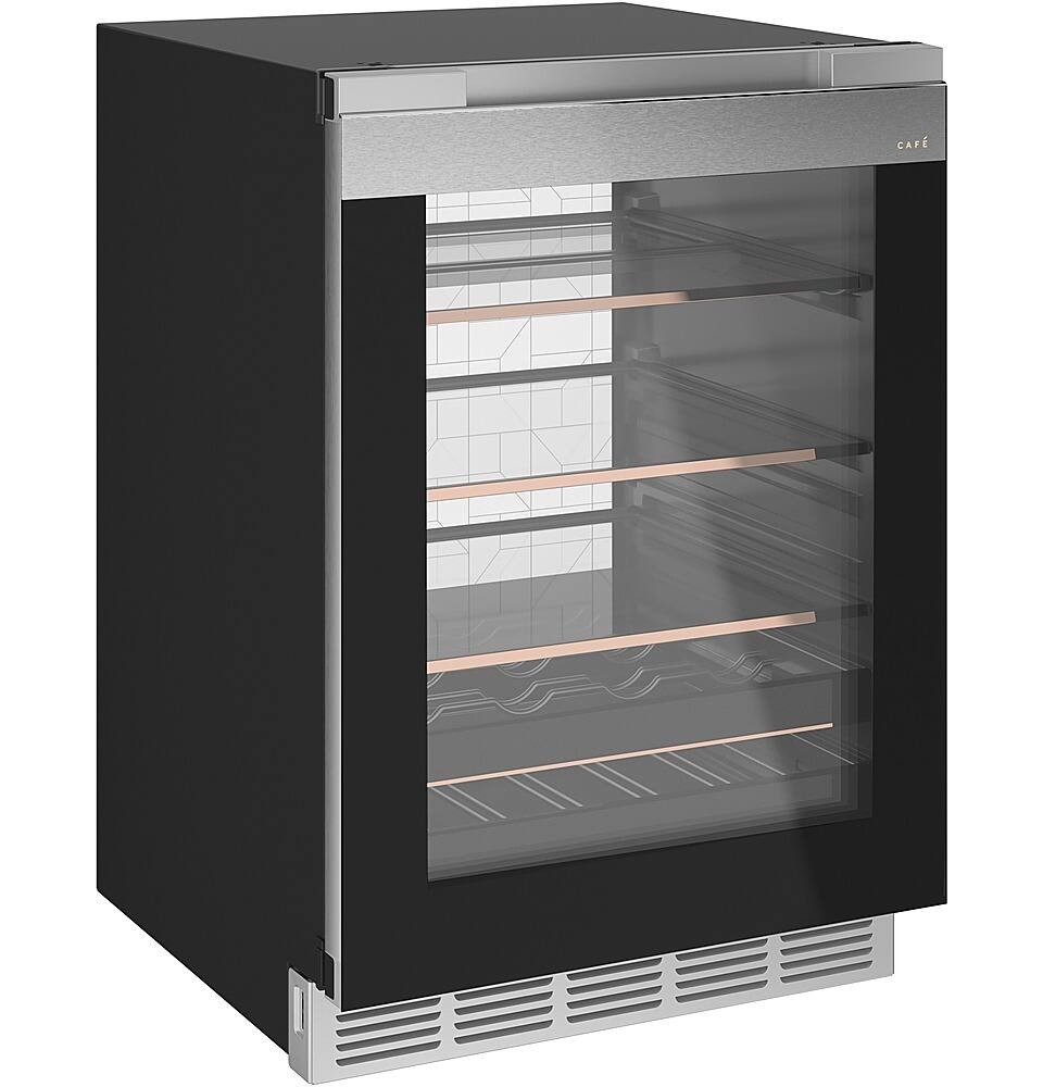 Left. Café - 14-Bottle 126-Can Built-In Beverage Center with WiFi - Platinum Glass.