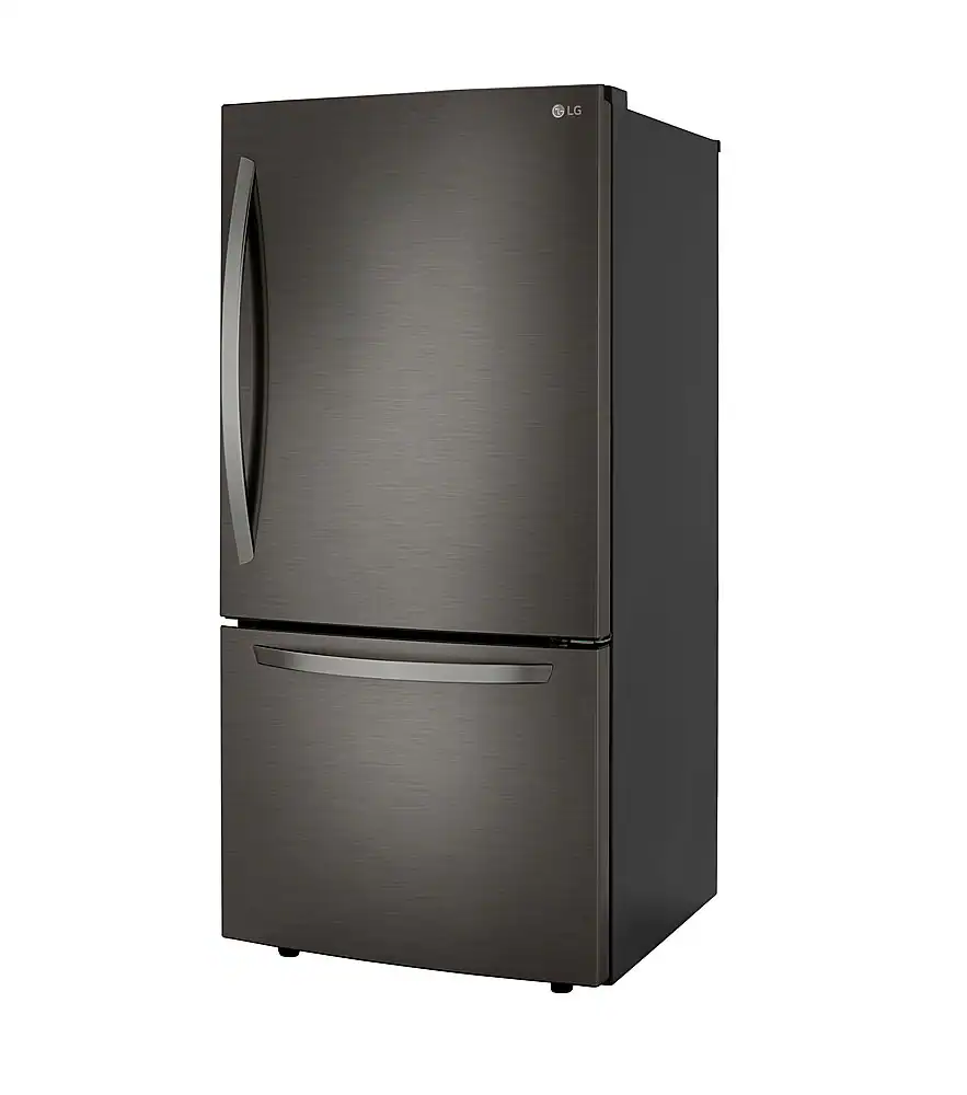 Left. LG - 25.5 Cu. Ft. Bottom-Freezer Refrigerator with Ice Maker - PrintProof Black Stainless Steel.