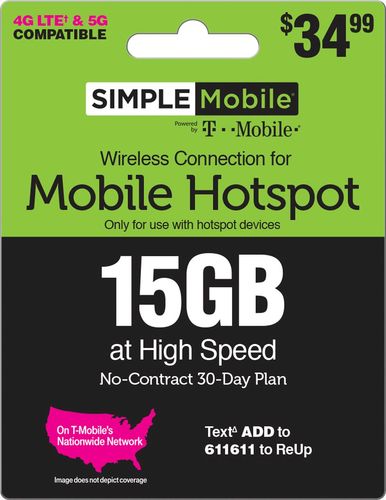 Simple Mobile - $34.99 Individual 30 Day Mobile Hotspot 15GB Plan Prepaid Data Card