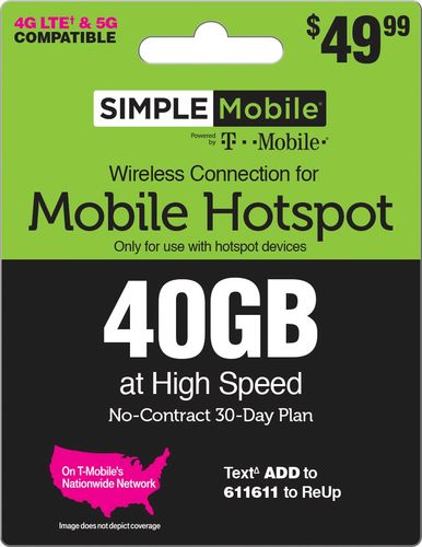 Simple Mobile - $49.99 Individual 30 Day Mobile Hotspot 40GB Plan Prepaid Data Card