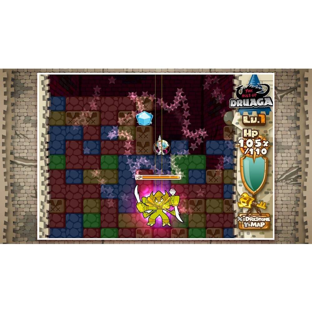 The image features a video game with a character and a dragon in a maze-like environment. The character is holding a sword and appears to be engaged in a battle with the dragon. The game is called "Druaga," and the player has 1.1 HP out of 110 HP. The game is set in a dungeon, and the player is navigating through the maze to progress in the game.