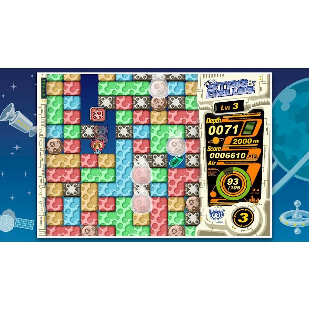 The image displays a video game with a score of 0006610 points. The game is set in a space environment, and the player is at level 3. The game features a character named Air Star, who is navigating through a maze-like puzzle. The game's objective is to reach the deepest point in the puzzle, which is at a depth of 0071 meters. The game is visually appealing and engaging, with a colorful and detailed design.