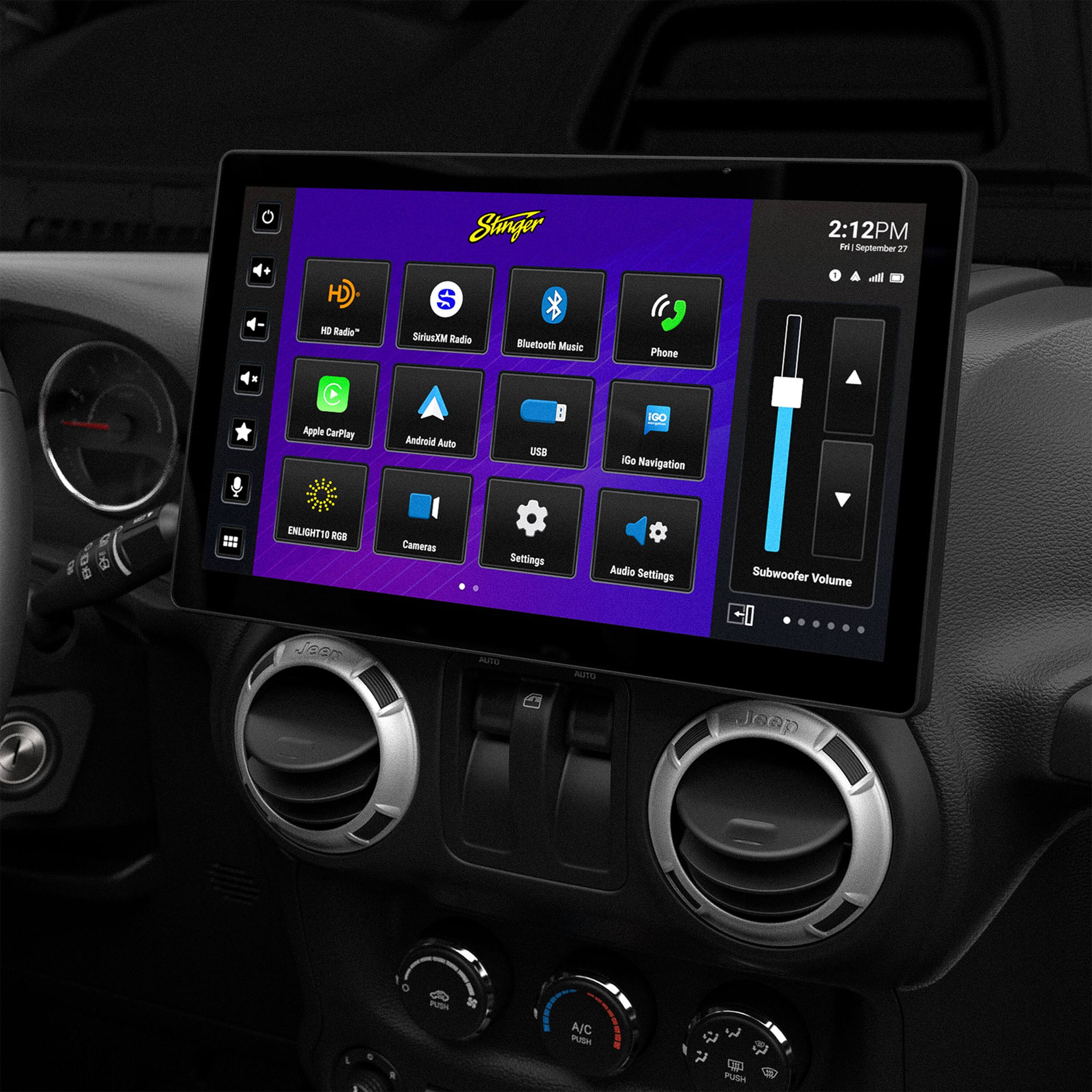 The text on the image reads:
"Stinger 2:12 PM September 19th. HD NO Radio S SiriusXM Radio Bluetooth Music Phone Apple CarPlay Android Auto us IGO Navigation 1 ENLIGHTENMENT AGB Cameras Settings Audio Settings Subwoofer Volume Jeep A/C PUSH PUSH."