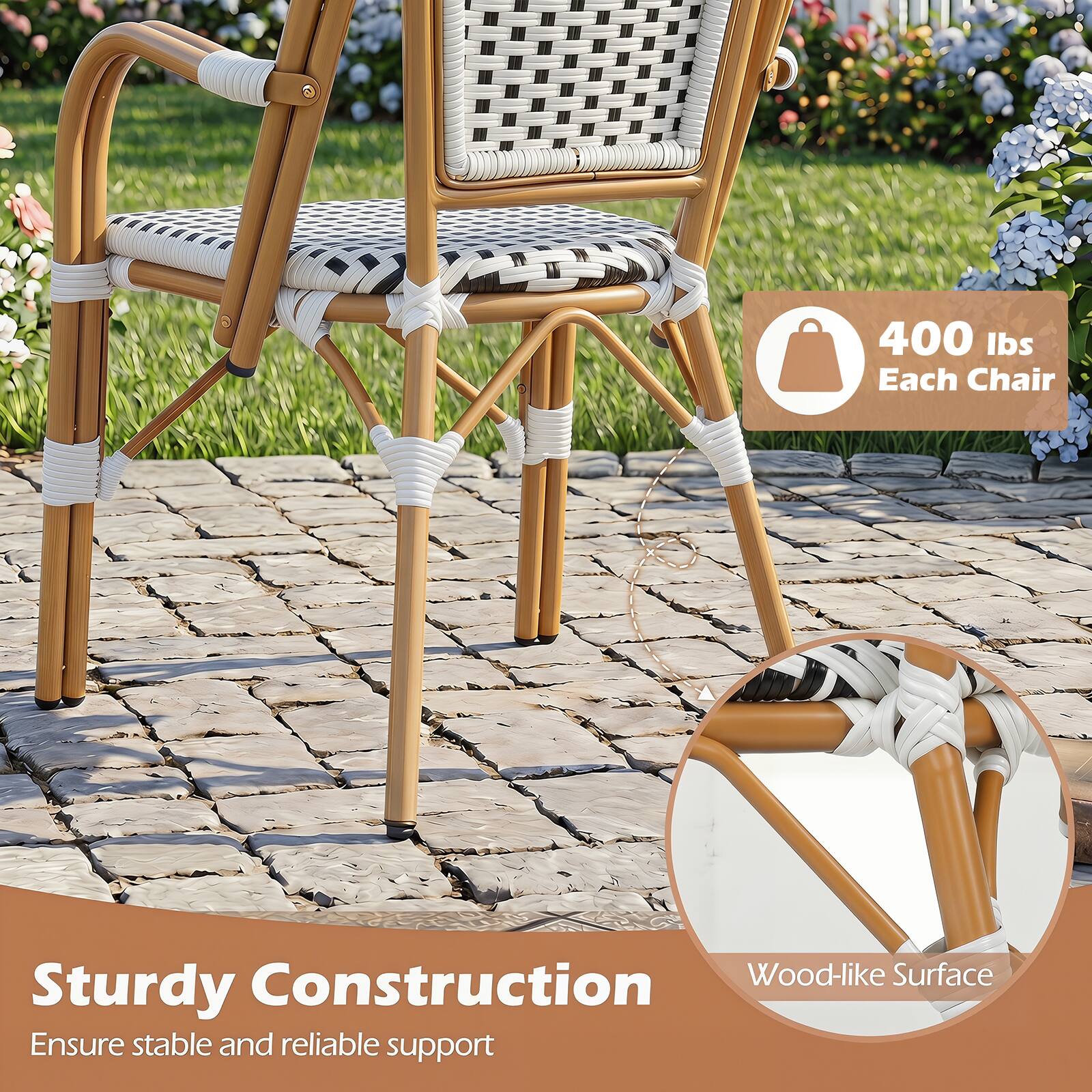 400 lbs Each Chair

Sturdy Construction
Ensure stable and reliable support

Wood-like Surface
