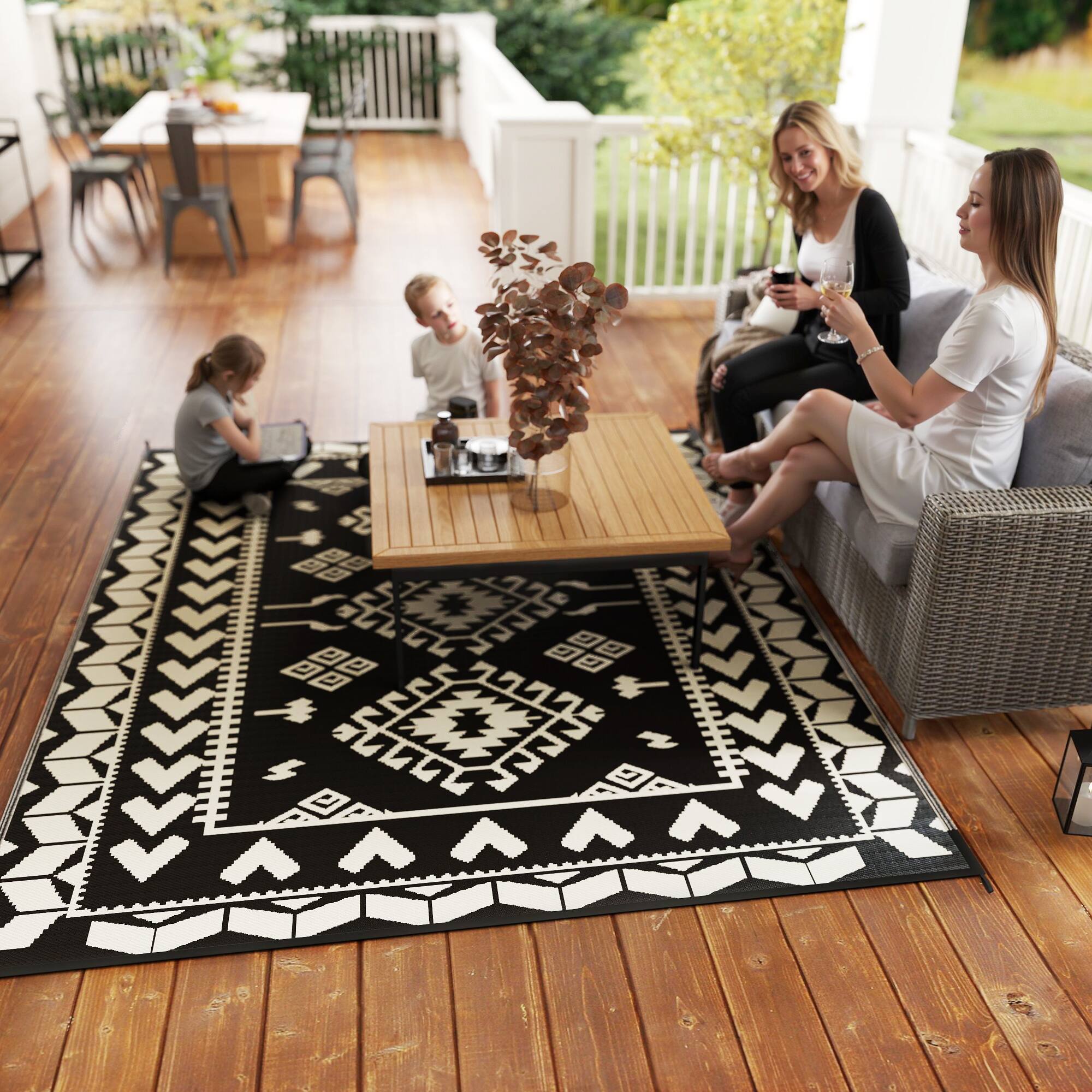 Alt View 8. Outsunny - Outdoor Rug for Patio, 8' x 10' Waterproof Large Mat, Reversible Plastic Straw Rug for Décor - Black and White Rhombus Patchwork.