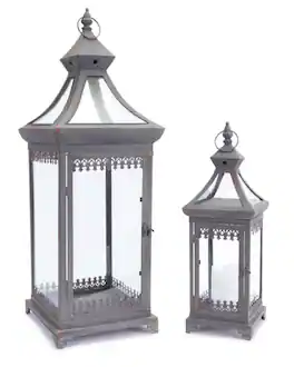 Melrose - Set of 2 Brocade Bourgeoisie Weathered Metal and Glass Pillar Candle Holder Lanterns 29" - Gray