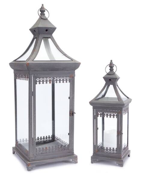 Front. Melrose - Set of 2 Brocade Bourgeoisie Weathered Metal and Glass Pillar Candle Holder Lanterns 29" - Gray.