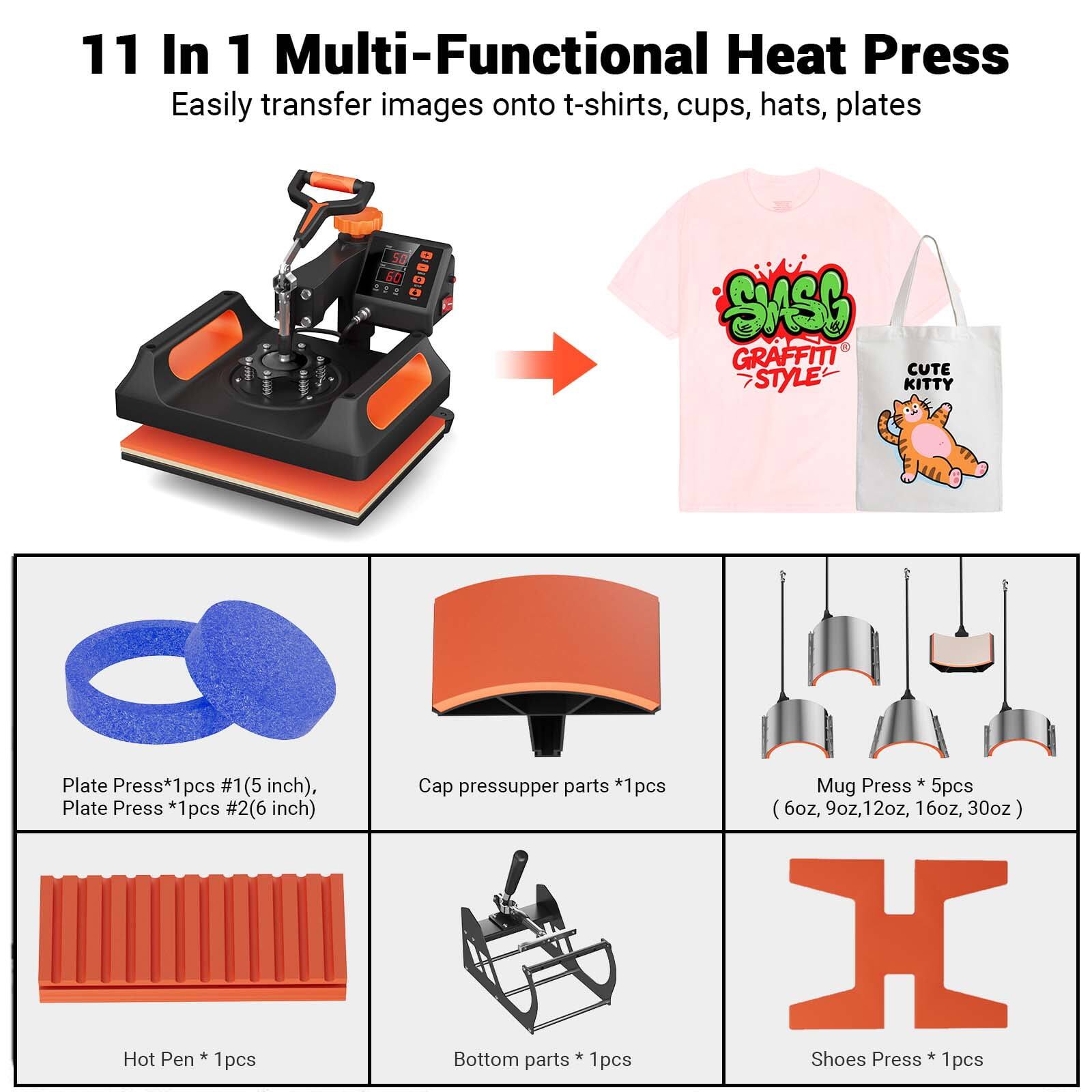 11 In 1 Multi-Functional Heat Press  
Easily transfer images onto t-shirts, cups, hats, plates  

- Plate Press *1pcs #1 (5 inch), Plate Press *1pcs #2 (6 inch)  
- Cap press upper parts *1pcs, Bottom parts *1pcs  
- Mug Press * 5pcs (6oz, 9oz, 12oz, 16oz, 30oz)  
- Hot Pen * 1pcs  
- Shoes Press * 1pcs