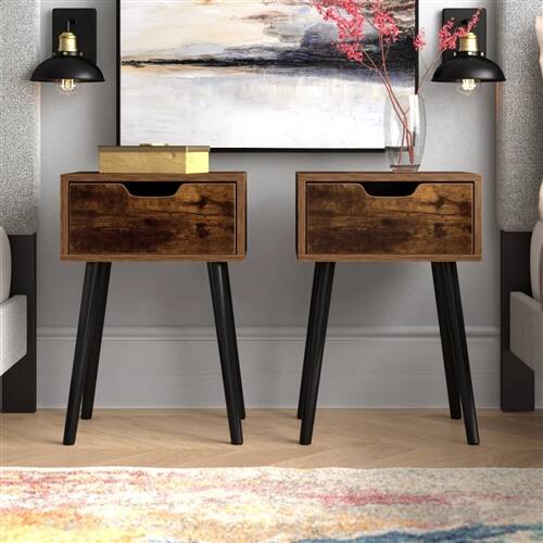 Angle. Hivvago - Set of 2 - Modern Mid-Century Farmhouse Bedroom Nightstand End Table - Brown.