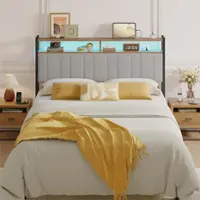 Pinmoco - Queen Size LED Linen Upholstered Storage Headboard with Charging Station - Gray - Gray - Front_Zoom