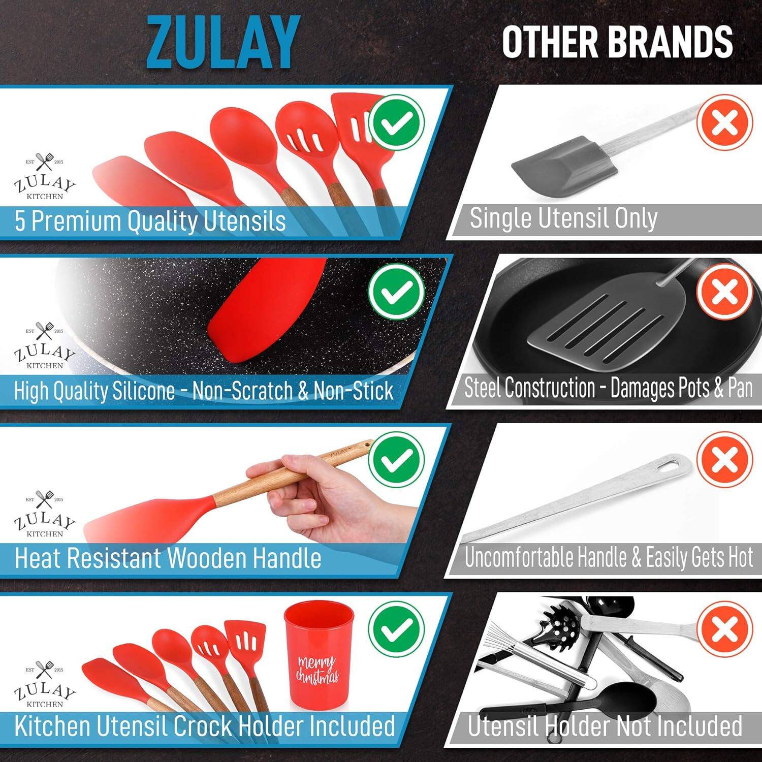 ZULAY KITCHEN

5 Premium Quality Utensils

High Quality Silicone - Non-Scratch & Non-Stick

Heat Resistant Wooden Handle

Kitchen Utensil Crock Holder Included

OTHER BRANDS

Single Utensil Only

Steel Construction - Damages Pots & Pan

Uncomfortable Handle & Easily Gets Hot

Utensil Holder Not Included