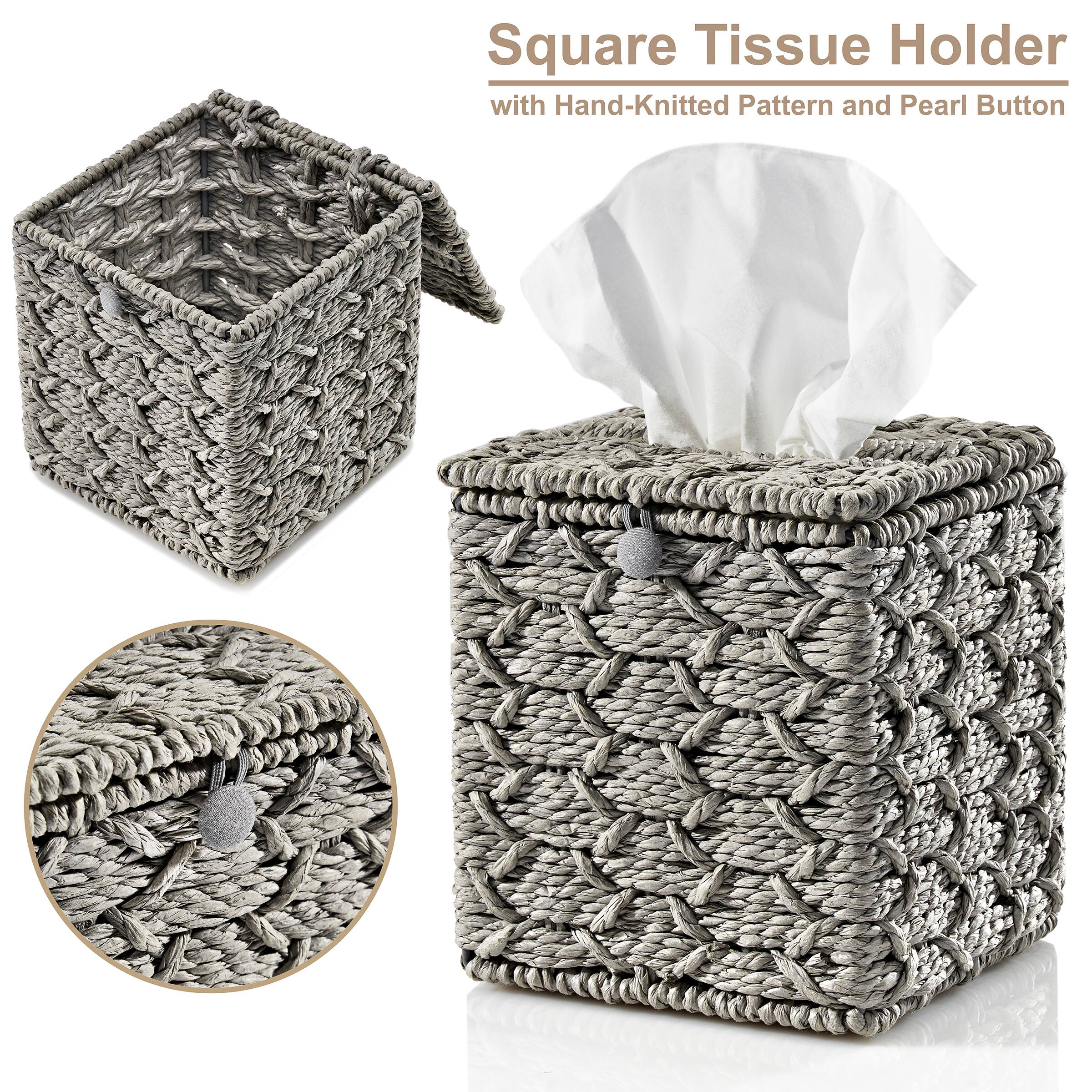 Square Tissue Holder  
with Hand-Knitted Pattern and Pearl Button