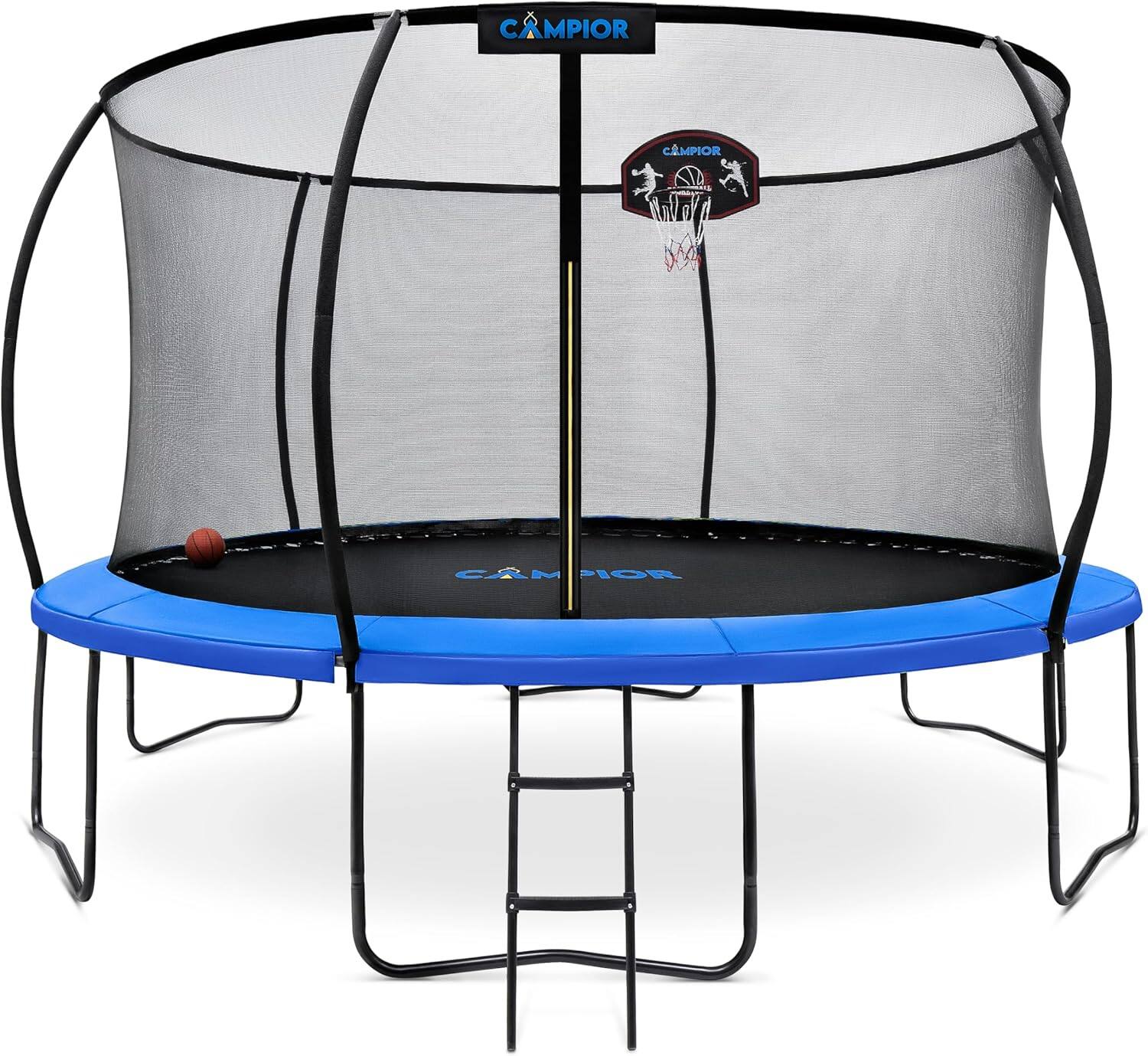 Campior - 14ft Pumpkin Trampoline with Basketball Hoop, Inner Net, Waterproof Padding & Stable Base – Outdoor Fun - Blue