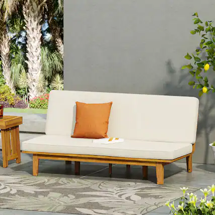 Front. Mondawe - Acacia Wood Convertible Daybed with Water-Resistant Cushions - Beige.