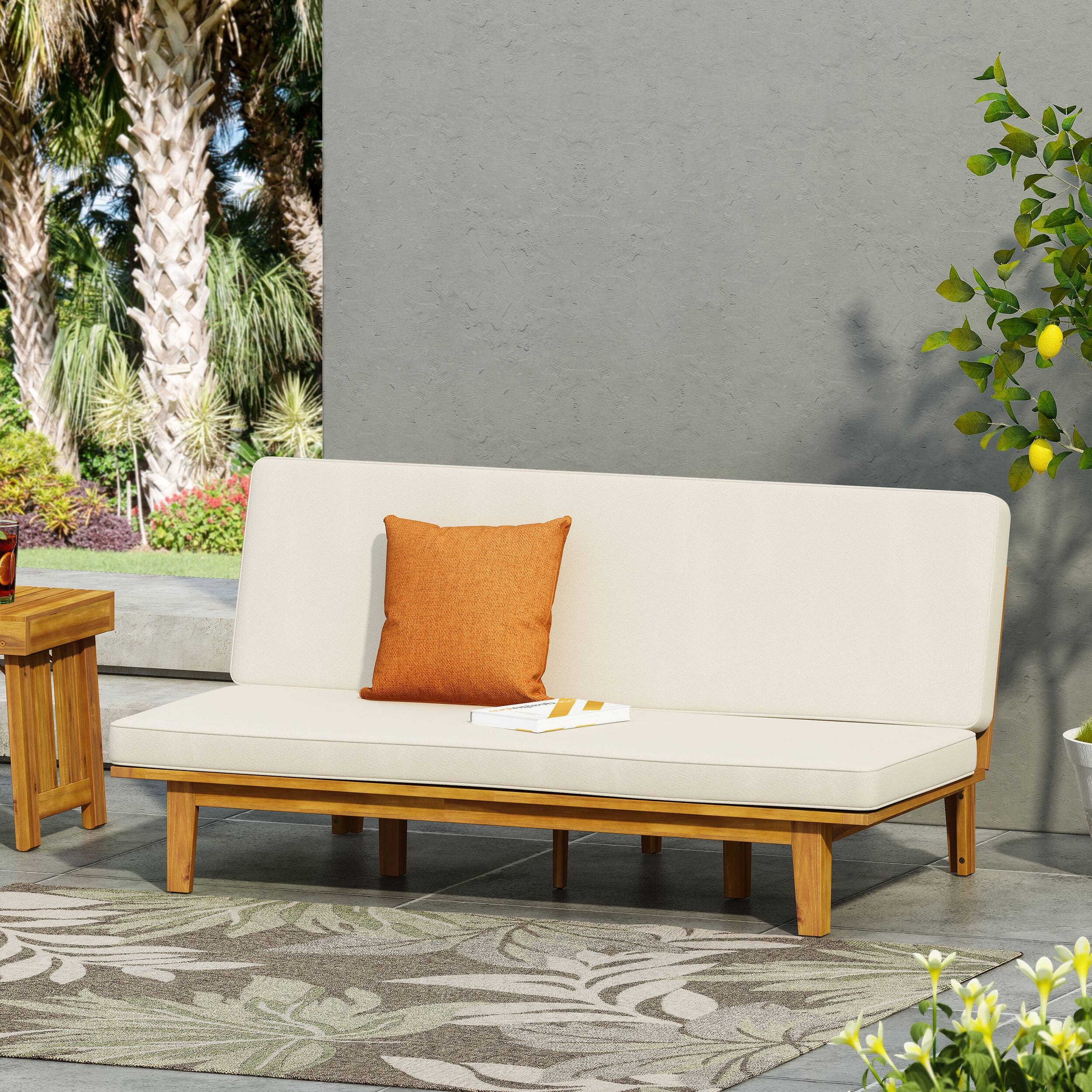 Front. Mondawe - Acacia Wood Convertible Daybed with Water-Resistant Cushions - Beige.
