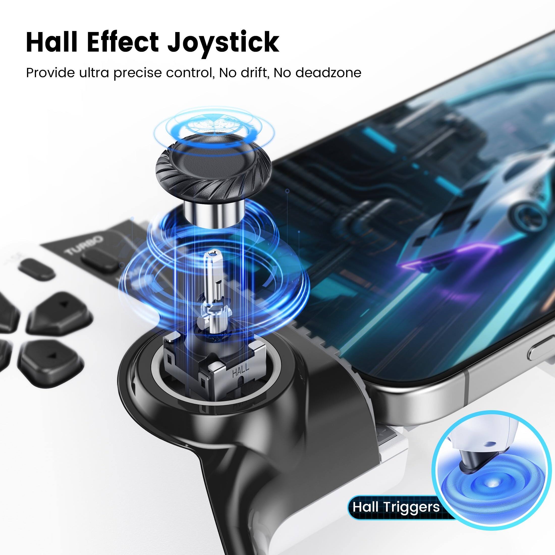 Hall Effect Joystick  
Provide ultra precise control, No drift, No deadzone  

Hall Triggers