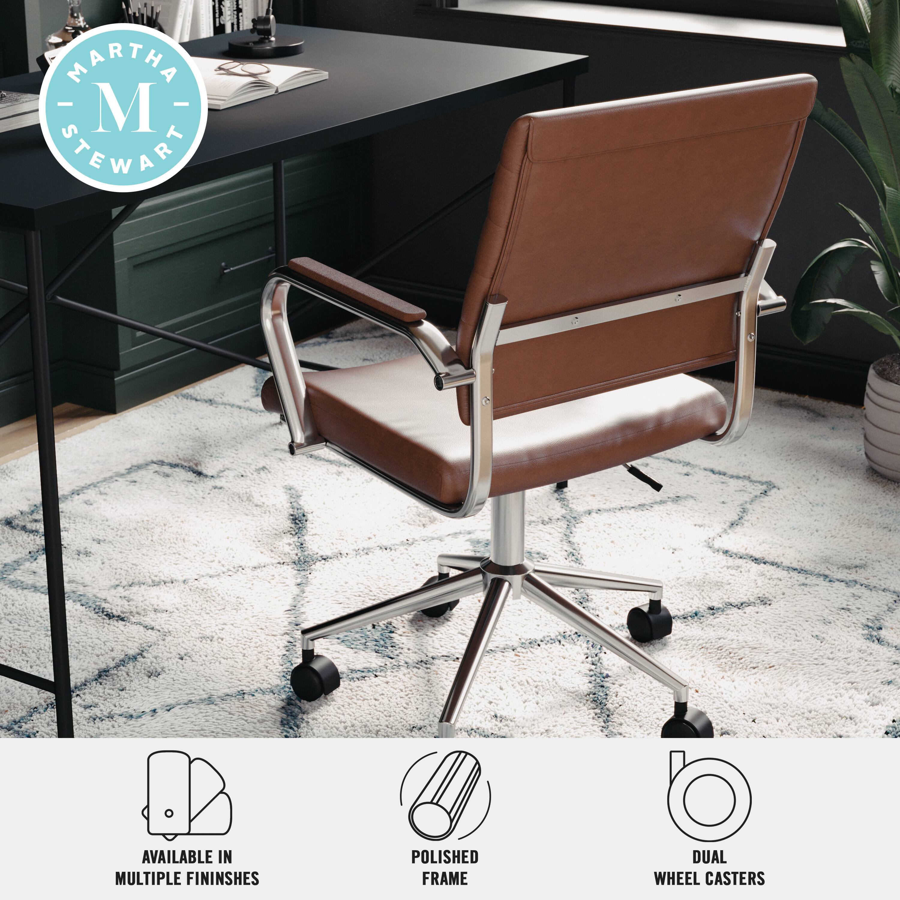 The text on the image reads: "Martha Stewart available in multiple finishes. Polish frame. Dual wheel casters."