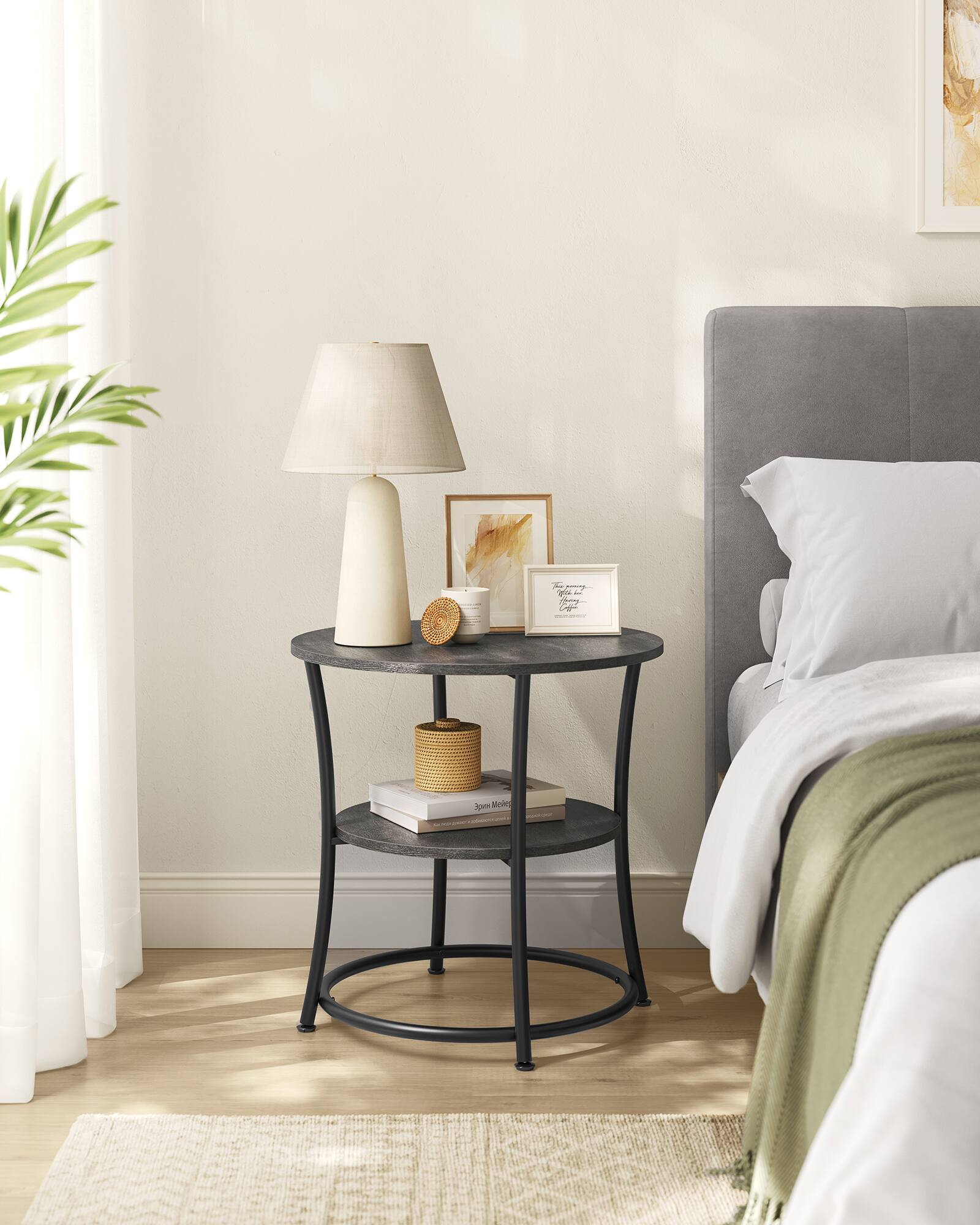 Alt View 2. Songmics Home - 21.7-Inch Round Side Table, 2-Tier End Table, Nightstand with Steel Frame, Spacious Top, for Small Spaces, Living Room - Misty Gray and Ink Black.