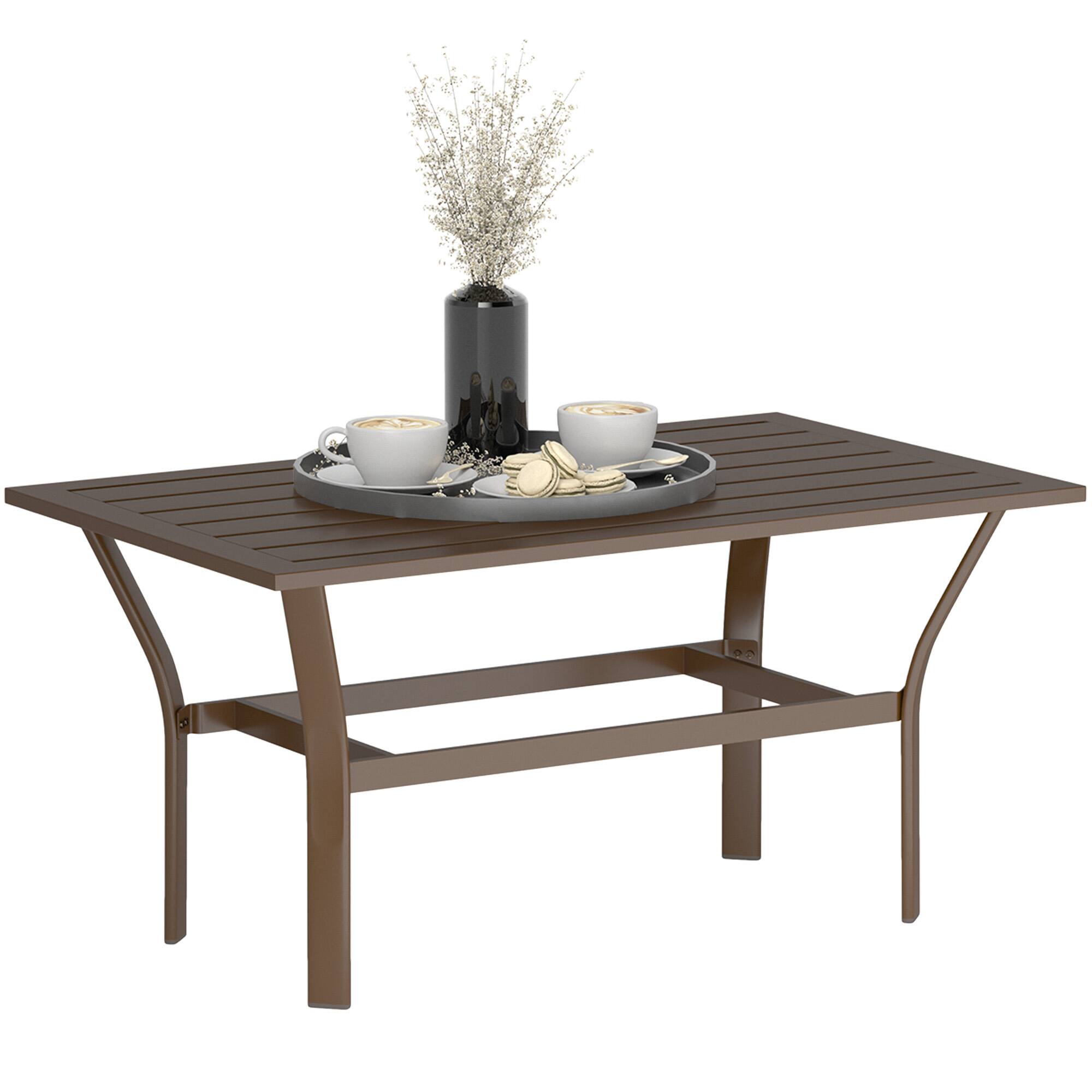 Front. Outsunny - Outdoor Coffee Table, All-Weather Rectangle Metal Patio Coffee Table with Slatted Tabletop for Outside - Brown.