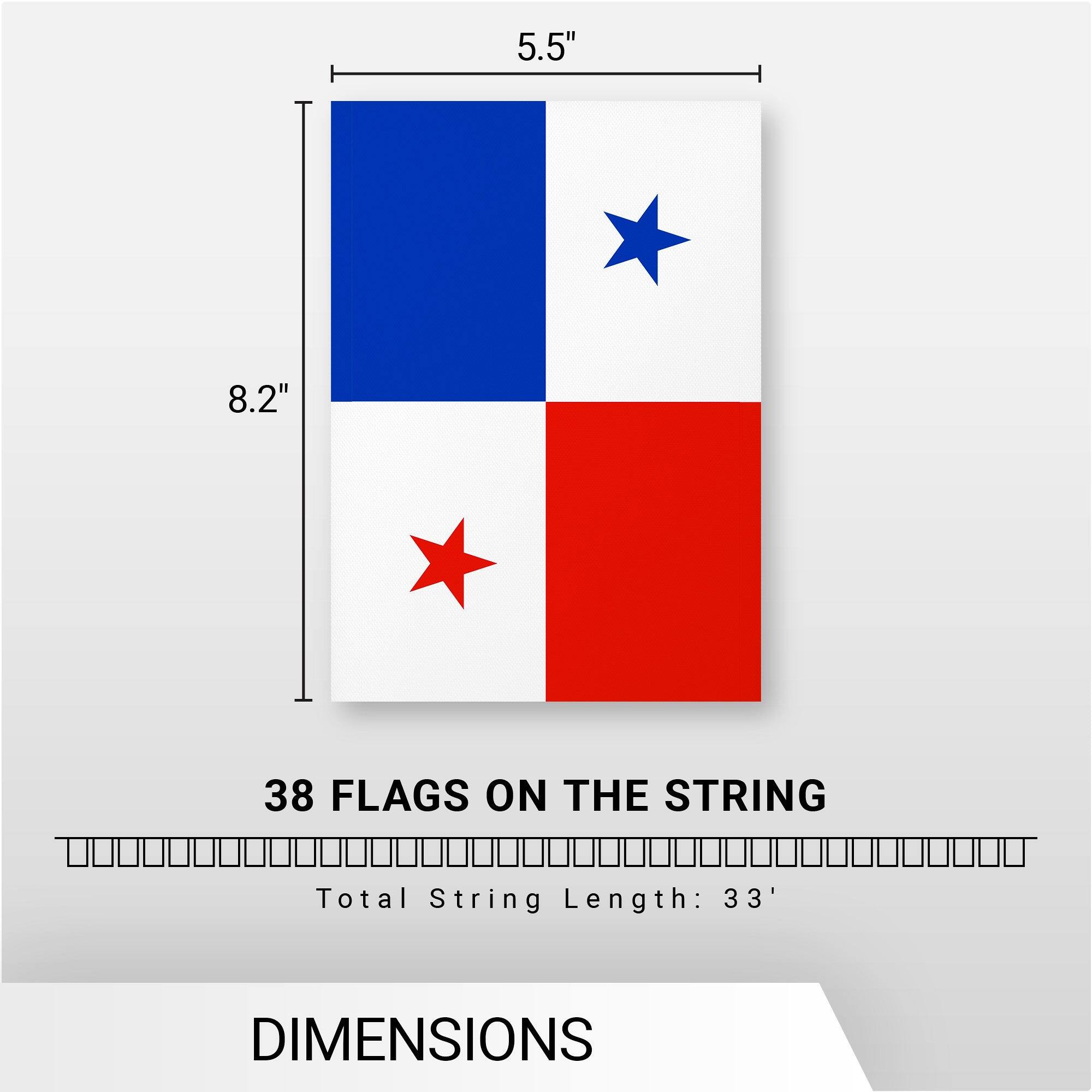5.5" x 8.2"  
38 FLAGS ON THE STRING  
Total String Length: 33'  
DIMENSIONS