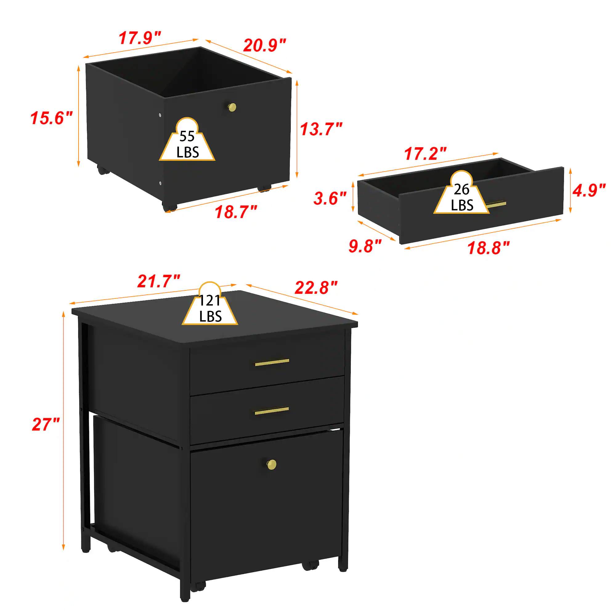 17.9" 20.9" 15.6" 55 LBS
13.7" 17.2" 18.7" 3.6" 26 LBS 4.9" 9.8" 18.8"
21.7" 121 LBS
22.8" 27"