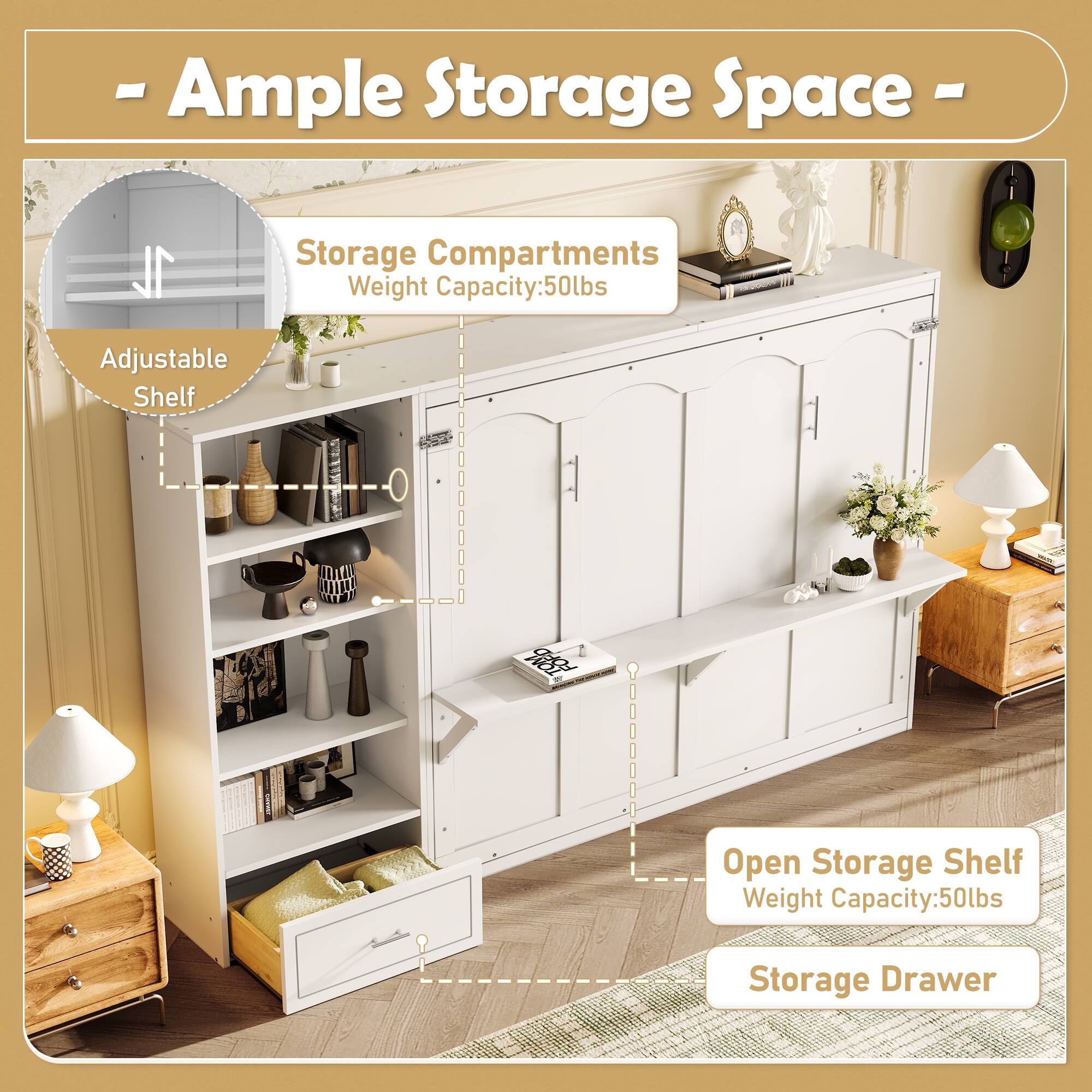 - Ample Storage Space
- 1L Storage Compartments
- Weight Capacity: 50lbs
- Adjustable Shelf
- Open Storage Shelf
- Weight Capacity: 50lbs
- Storage Drawer