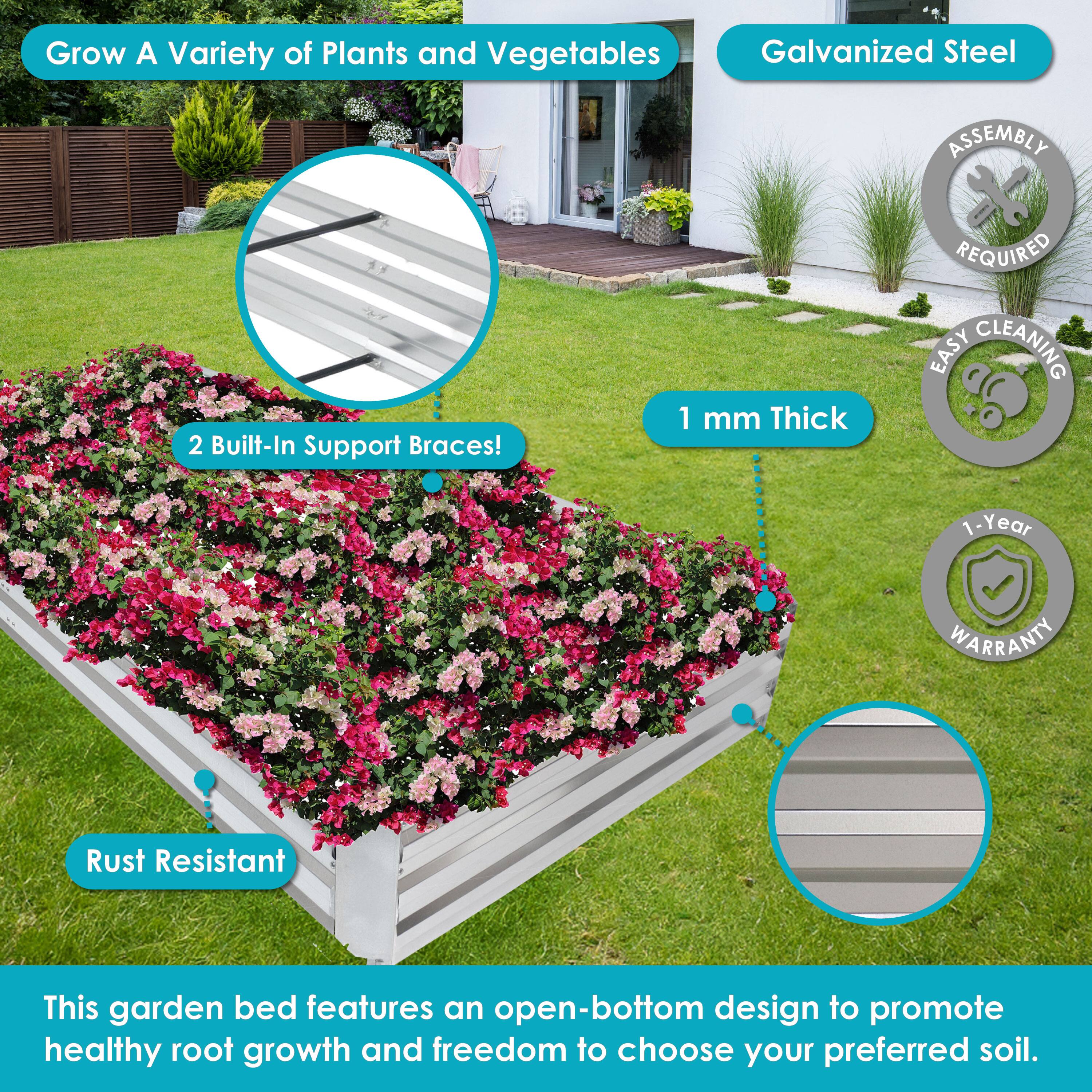 - Grow A Variety of Plants and Vegetables
- Galvanized Steel
- 2 Built-In Support Braces!
- 1 mm Thick
- Rust Resistant
- Assembly Required
- Easy Cleaning
- 1-Year Warranty
- This garden bed features an open-bottom design to promote healthy root growth and freedom to choose your preferred soil.