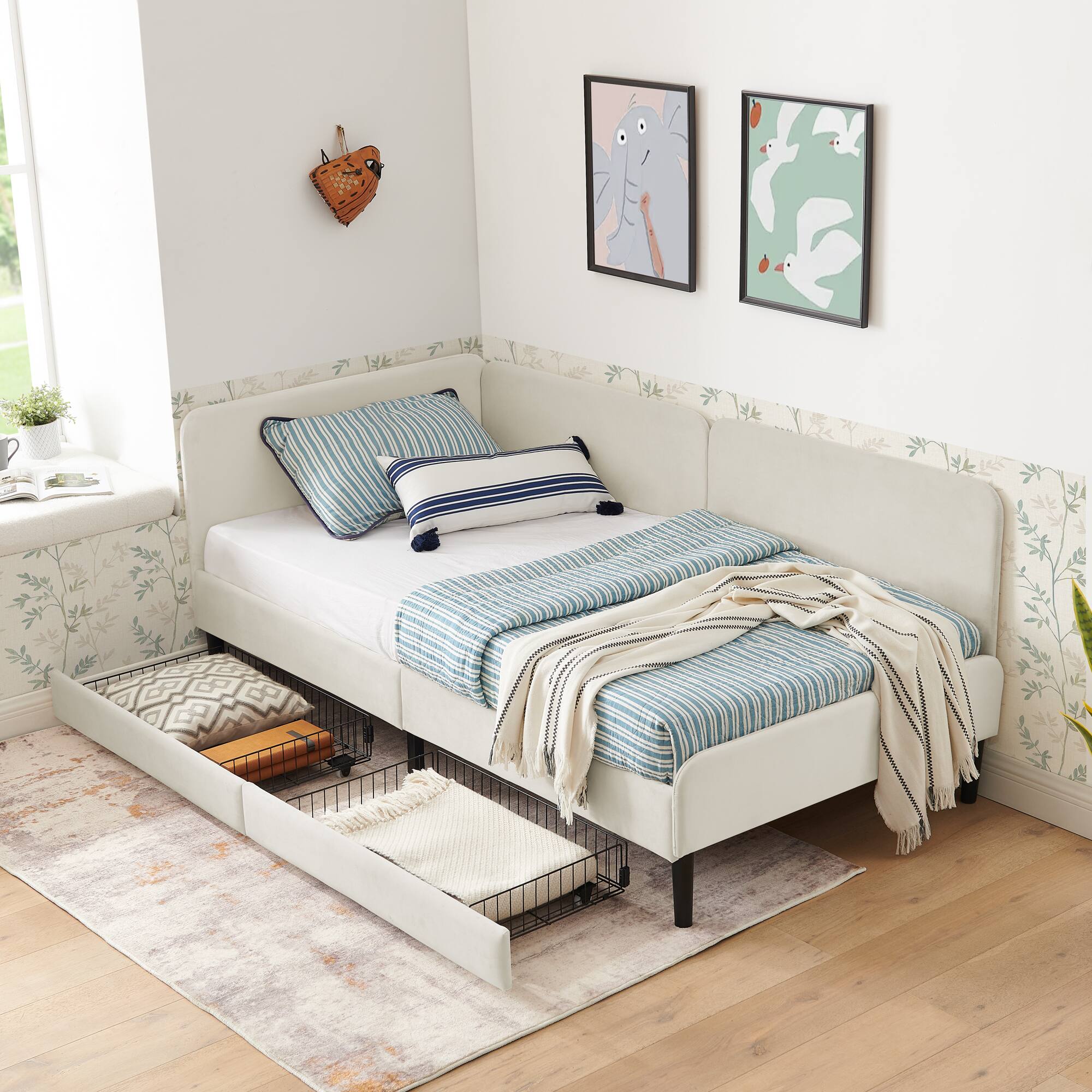 Front. TinyHomie - Twin Size Upholstered Platform Bed Frame 2 Storage Drawers Adjustable Velvet Sofa Bed Beige - white.