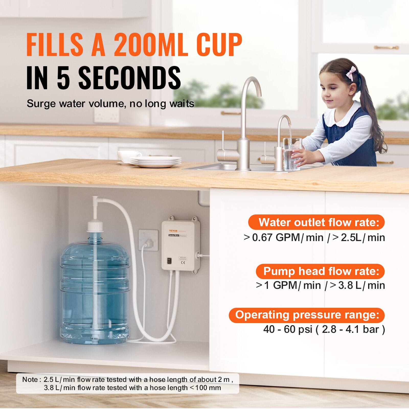 FILLS A 200ML CUP IN 5 SECONDS  
Surge water volume, no long waits

FLYDE -  
Water outlet flow rate: >0.67 GPM/min / >2.5L/min  
Pump head flow rate: >1 GPM/min / >3.8L/min  
Operating pressure range: 40 - 60 psi (2.8-4.1 bar)  

Note: 2.5 L/min flow rate tested with a hose length of about 2m, 3.8 L/min flow rate tested with a hose length <100 mm