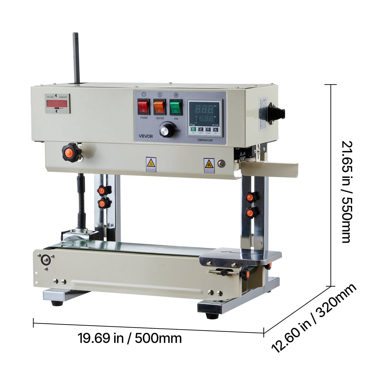 10-01 cookings 38888 D C 888 POWER HEATER FAS 8.8.8 CAR egg 0 g VV PEED VEVOR TEMPERATURE 19.69 in /500mm in 21.65 / 550mm in I 320mm 12.60