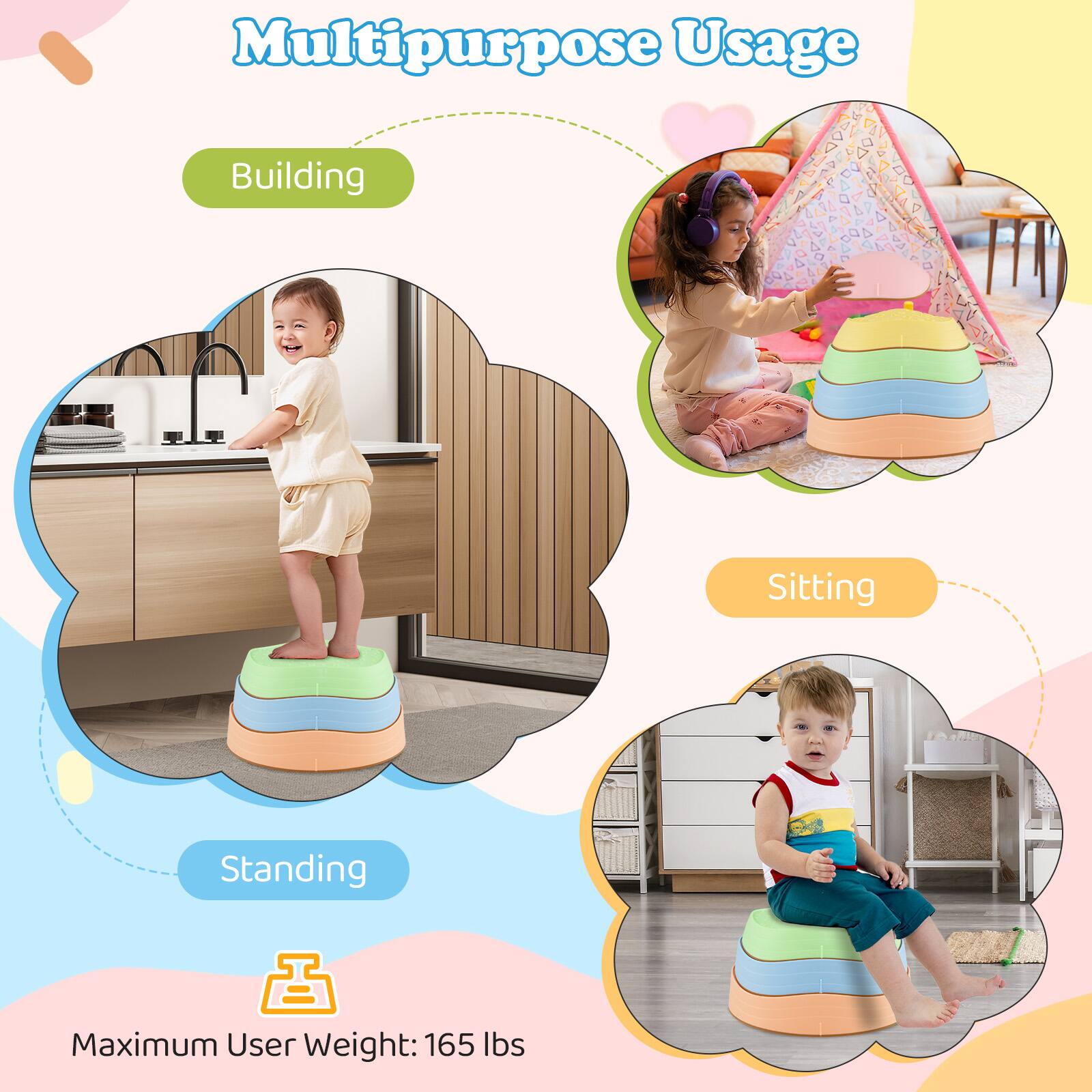 Multipurpose Usage

- Building
- Standing
- Sitting

Maximum User Weight: 165 lbs