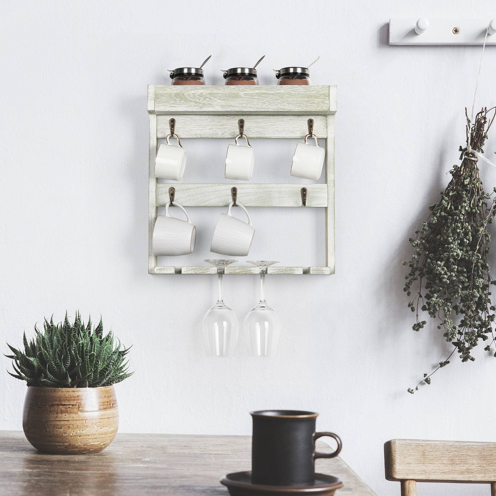 Alt View 1. Oumilen - Distressed White Green Wash Wood Wall Mount Mug Rack, 6 Hooks Cup Holder with Wine Glass Slots for Coffee Bar - White.