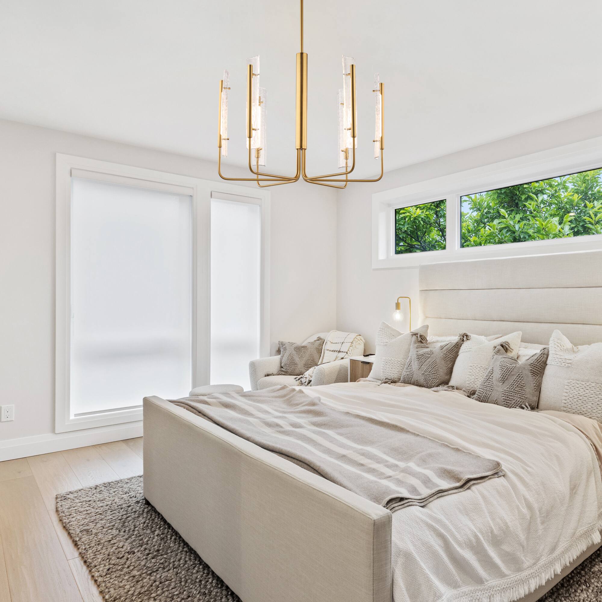 Left. Perimost - 34'' Modern LED Ceiling Light with Glass Shade and Adjustable Rod - Gold.