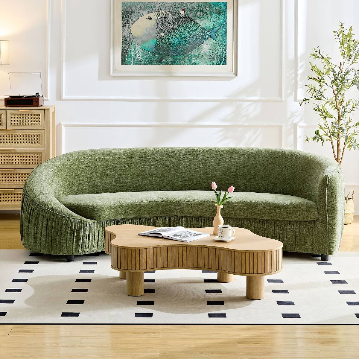 Front. Ropilly - Ropilly 92 Inch Curved Sofa Green 4 Seat Sofa Modern Living Room Couch Upholstered Fabric Sofa - Green.