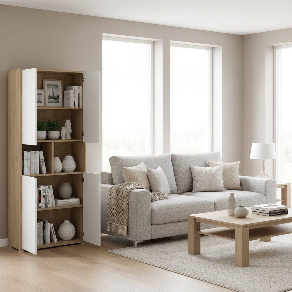 Left. FurniFact - 6-Shelf Bookcase with 4 Doors and Adjustable Shelves - Brown.