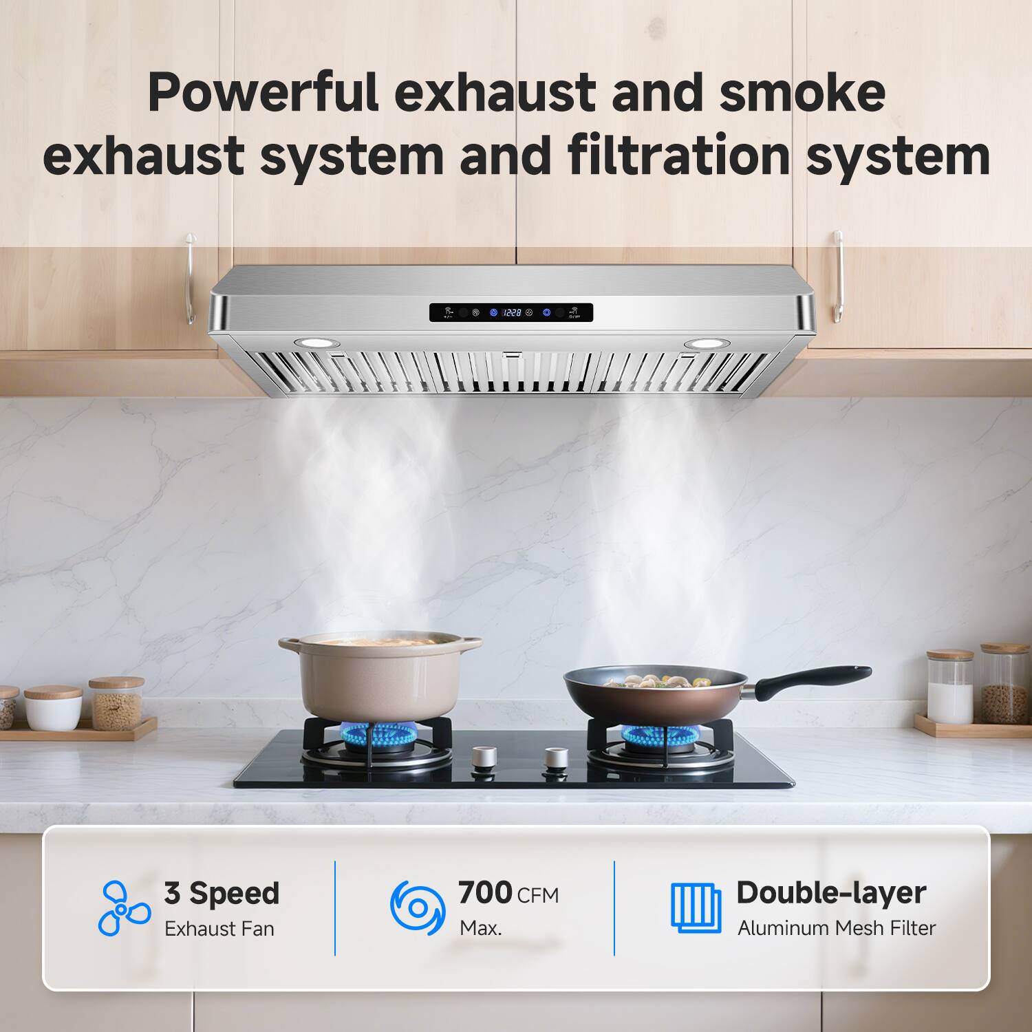 Powerful exhaust and smoke exhaust system and filtration system

3 Speed Exhaust Fan  
700 CFM Max.  
Double-layer Aluminum Mesh Filter