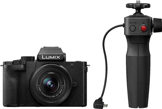Front. Panasonic - LUMIX G100 Mirrorless Camera for Photo, 4K Video and Vlogging, 12-32mm Lens, Tripod Grip Bundle – DC-G100VK - Black.