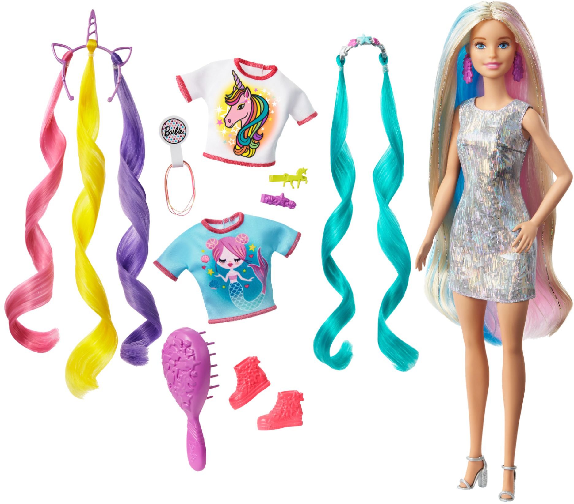 Left View: Barbie Fantasy Hair Doll with Mermaid & Unicorn Looks