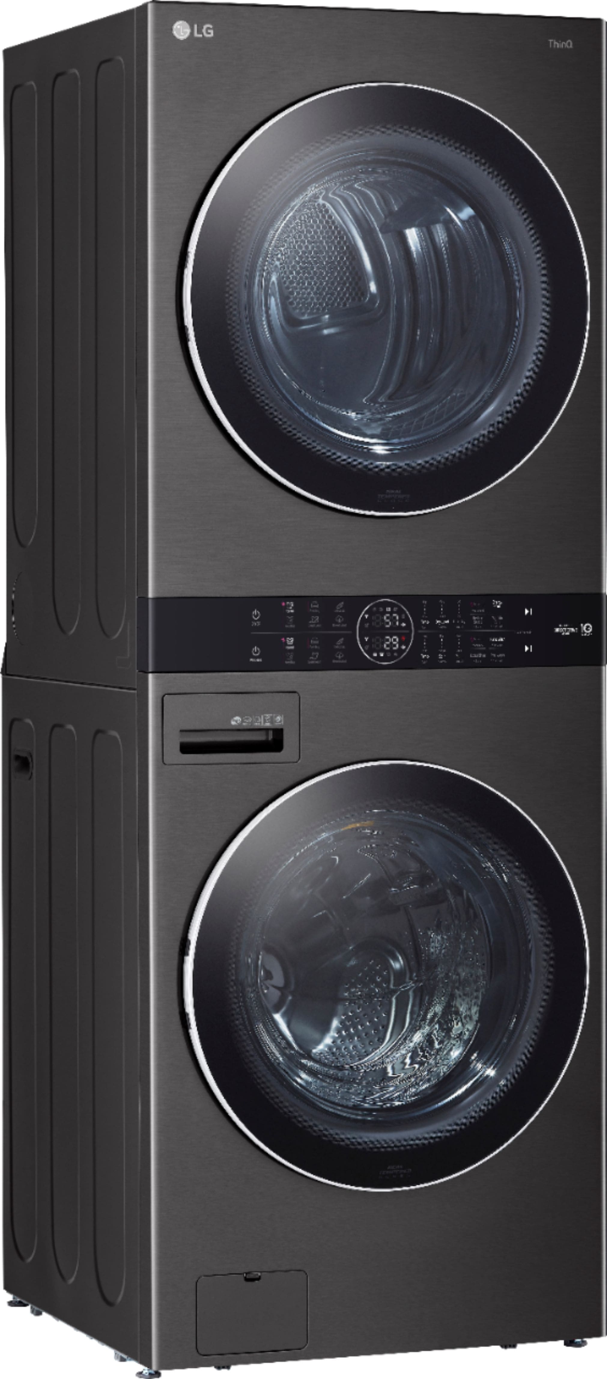 Angle. LG - 4.5 Cu. Ft. HE Smart Front Load Washer and 7.4 Cu. Ft. Gas Dryer WashTower with Steam and Built-In Intelligence - Black Steel.