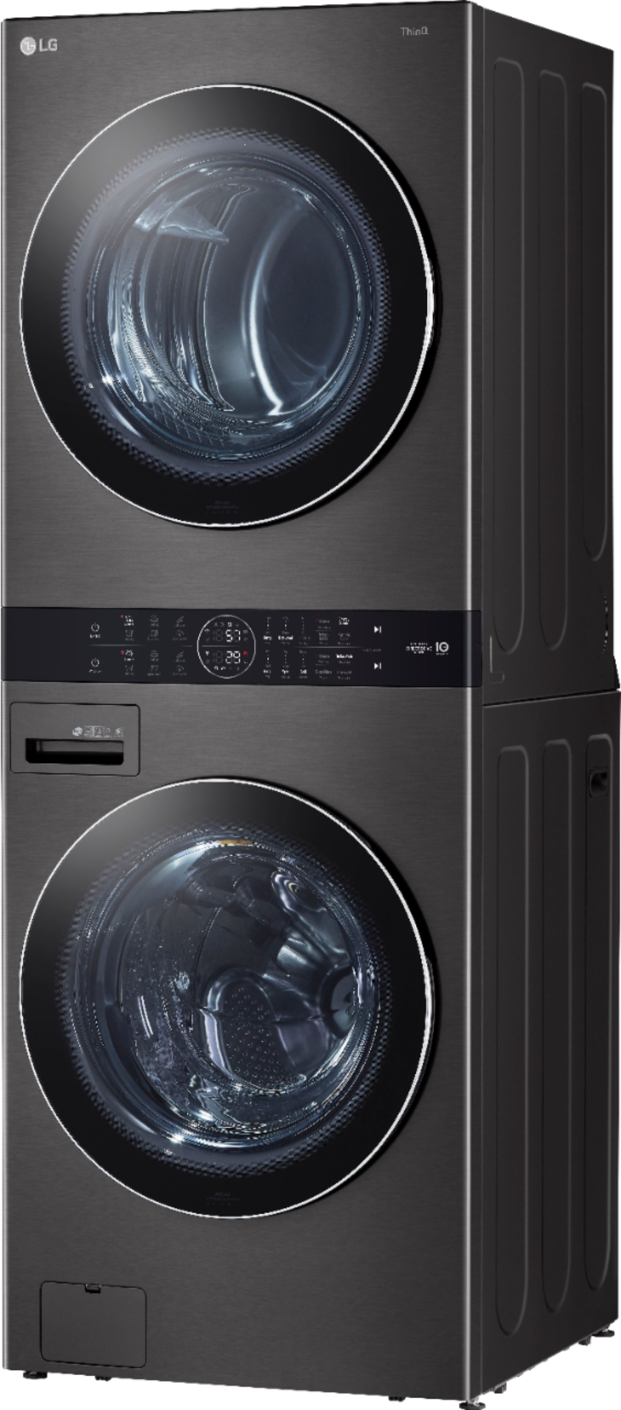 Left View: LG - 4.5 Cu. Ft. HE Smart Front Load Washer and 7.4 Cu. Ft. Gas Dryer WashTower with Steam and Built-In Intelligence - Black Steel