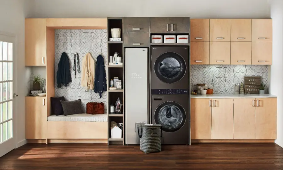 Alt View 25. LG - 4.5 Cu. Ft. HE Smart Front Load Washer and 7.4 Cu. Ft. Electric Dryer WashTower with Steam and Built-In Intelligence - Black Steel.
