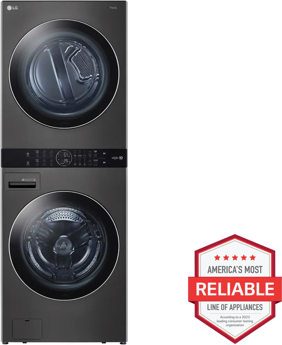 The image features a large LG washer and dryer combo, with a washer on top and a dryer below it. The washer has a large drum, and the dryer is also quite large. The appliances are placed next to each other, showcasing their size and functionality. The image is accompanied by a logo that reads "America's Most Reliable Line of Appliances," indicating that the LG brand is known for its reliability and quality.