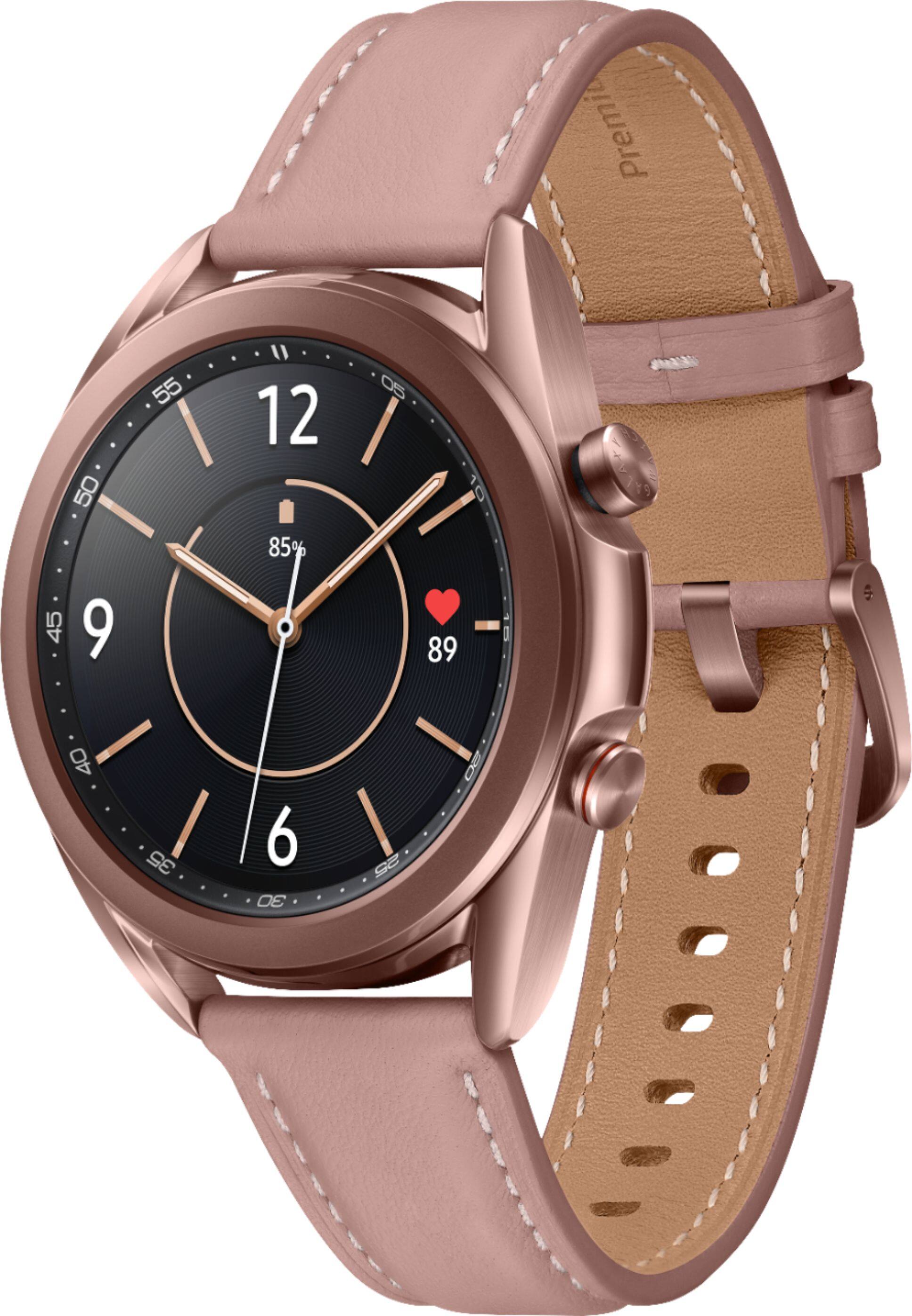 Left. Samsung - Galaxy Watch3 Smartwatch 41mm Stainless LTE - Mystic Bronze.