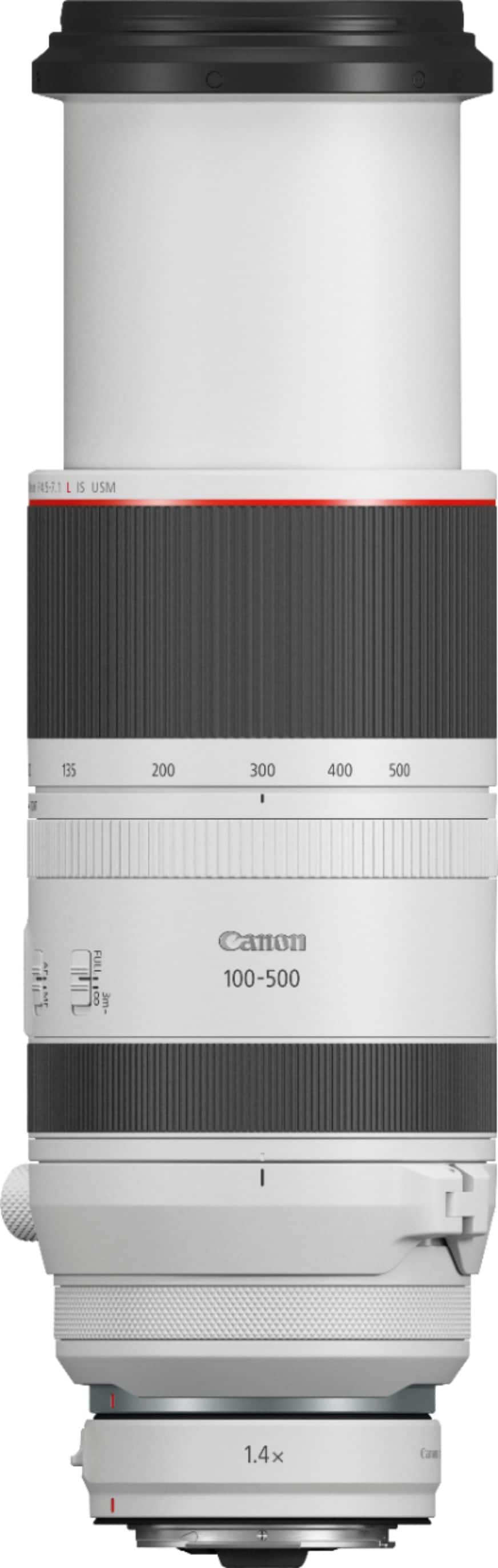 Left. Canon - RF100-500mm F4.5-7.1 L IS USM Telephoto Zoom Lens for EOS R-Series Cameras - White.