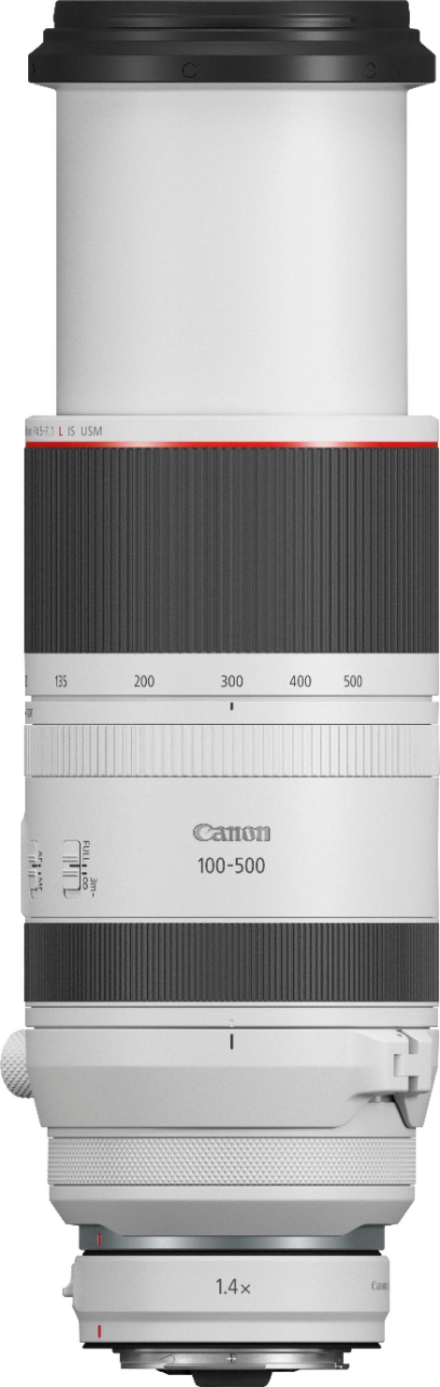 Left. Canon - RF100-500mm F4.5-7.1 L IS USM Telephoto Zoom Lens for EOS R-Series Cameras - White.