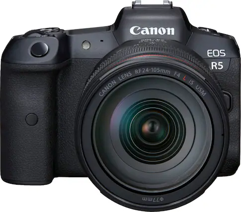 Front. Canon - EOS R5 Mirrorless Camera with RF 24-105mm f/4L IS USM Lens - Black.