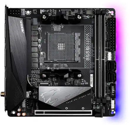 Front. GIGABYTE - B550 I AORUS PRO AX AM4 USB3.1 AMD Motherboard - Small Form Factor - Black.